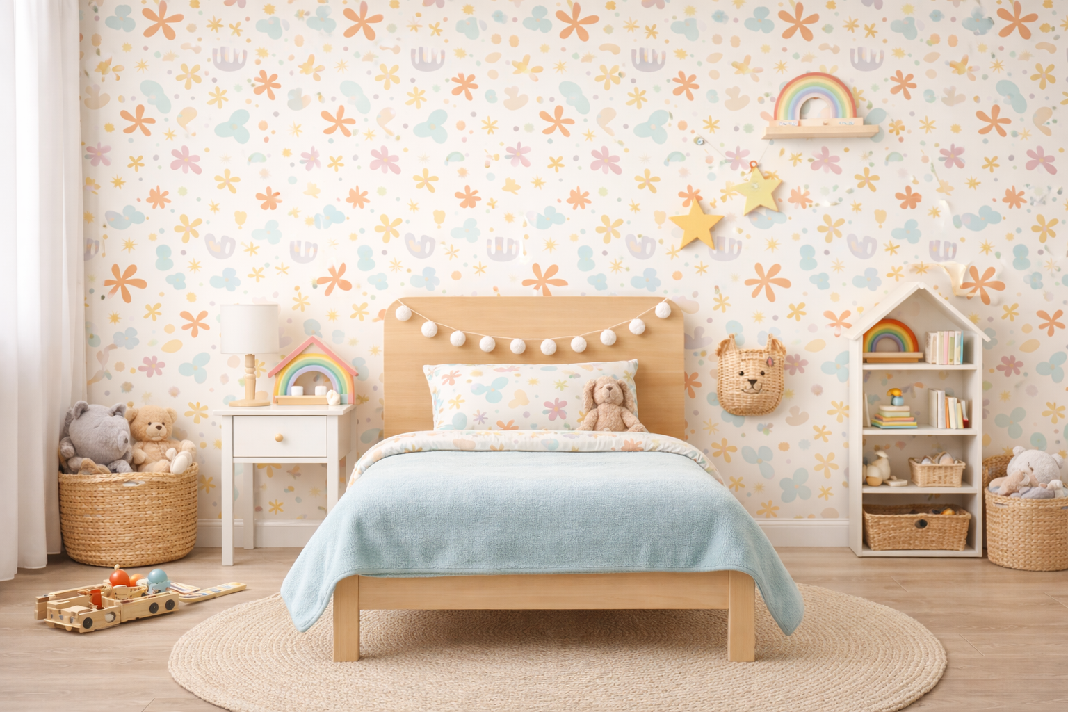 Colourful Retro Flower Wallpaper for Modern Kids Interiors