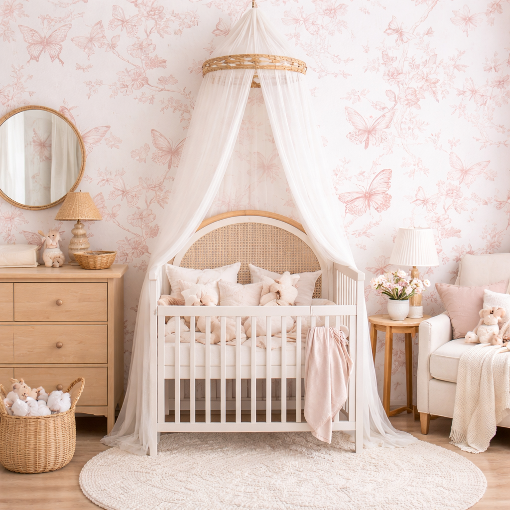 Vintage Butterfly Wallpaper in Soft Pink for Girls Nursery