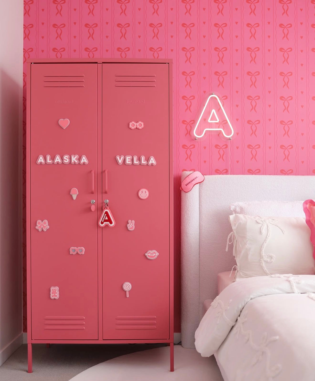 Pink Bow Wallpaper Girls Bedroom with Custom Neon Name Sign