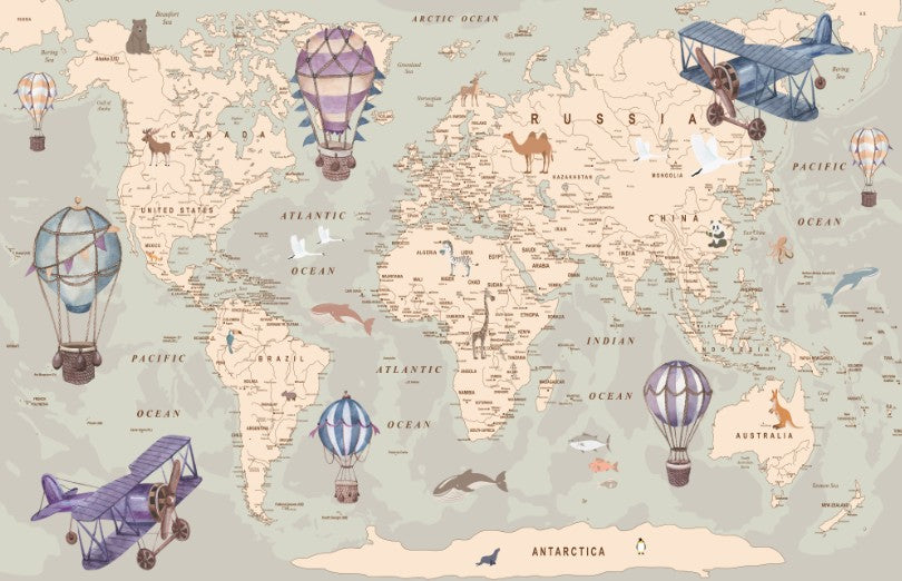 Removable World Map Wallpaper for Nursery, Bedroom and Playroom Decor