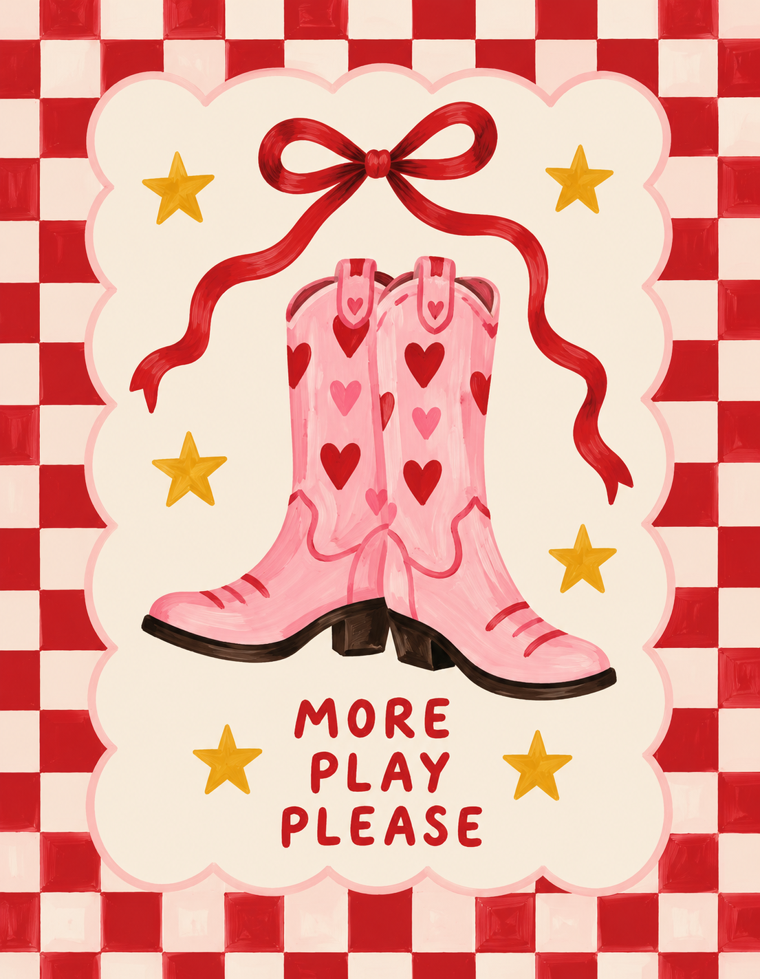 More Play Please | Pink Cowgirl Boots Peel & Stick Art Print