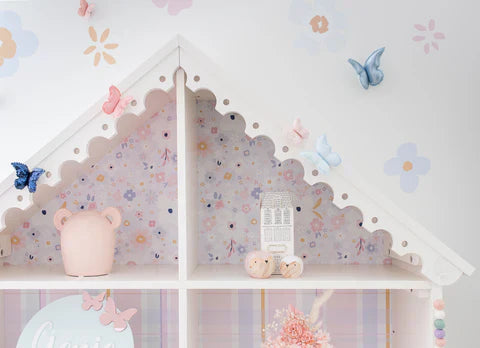 How to Hack the Pottery Barn Kids Dollhouse Bookcase with Wallpaper