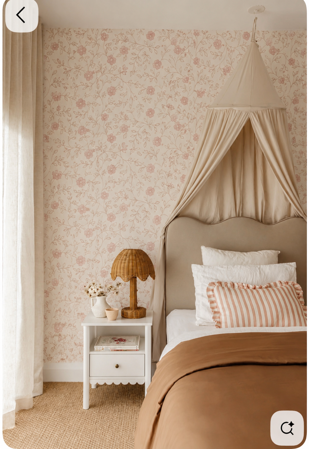 Blush Vine floral wallpaper in a boho girl's bedroom with canopy bed