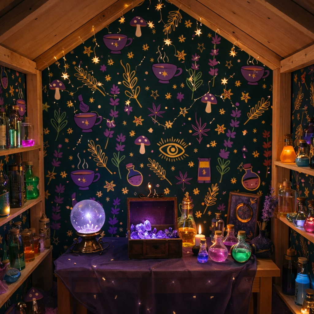Mystic Wallpaper with Potions, Mushrooms, Moons and Stars