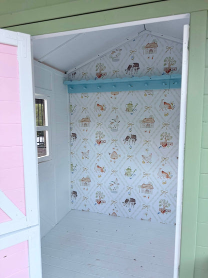 Hollybrook Farm removable wallpaper on a full cubby house feature wall with gabled ceiling