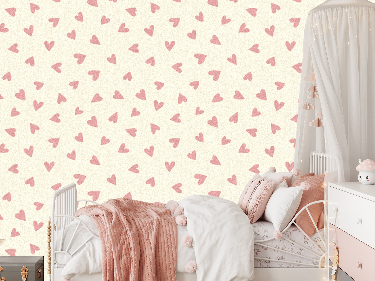 Cute Pink Heart Pattern Wallpaper in Girls Bedroom