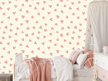 Cute Pink Heart Pattern Wallpaper in Girls Bedroom
