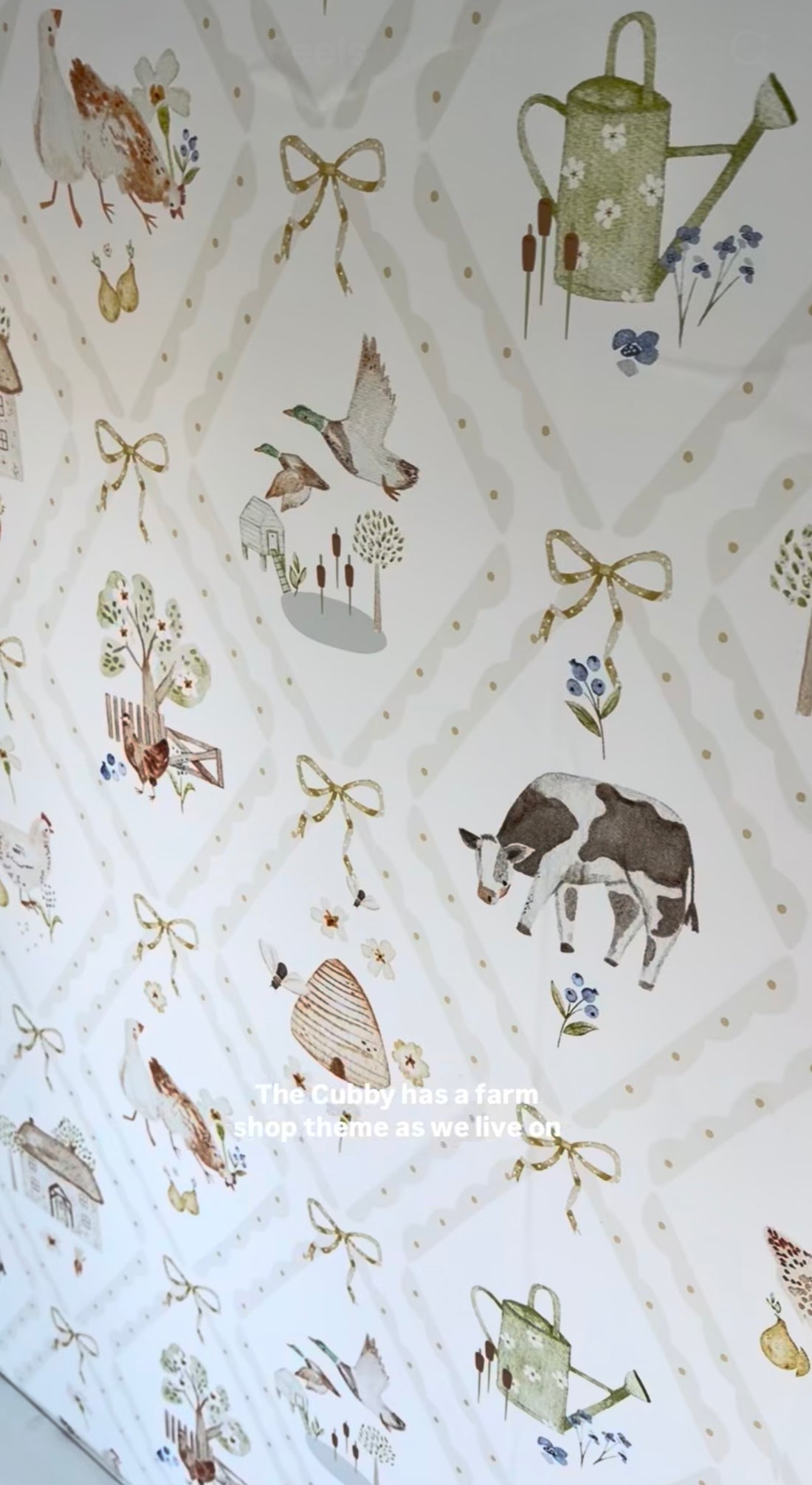 Hollybrook Farm peel and stick wallpaper close up showing watercolour cows, hens and ribbon bows on a soft trellis