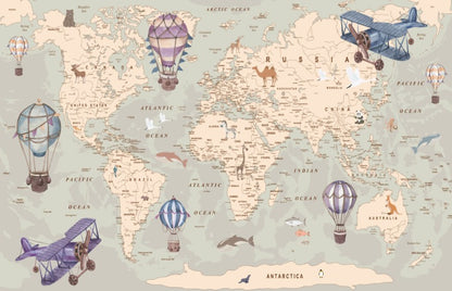 Removable World Map Wallpaper for Nursery, Bedroom and Playroom Decor