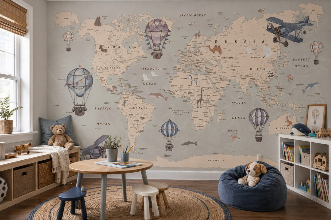 Peel and Stick World Map Wallpaper for Kids Bedrooms and Playrooms