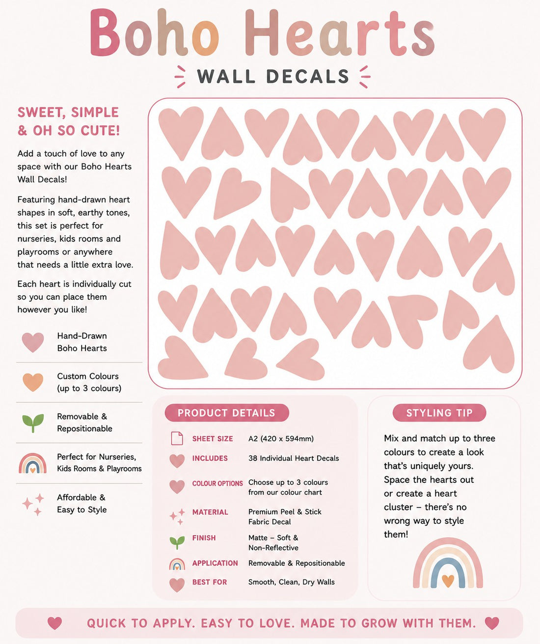 Boho Heart Wall Decals – A2 Sheet (38 Hearts)